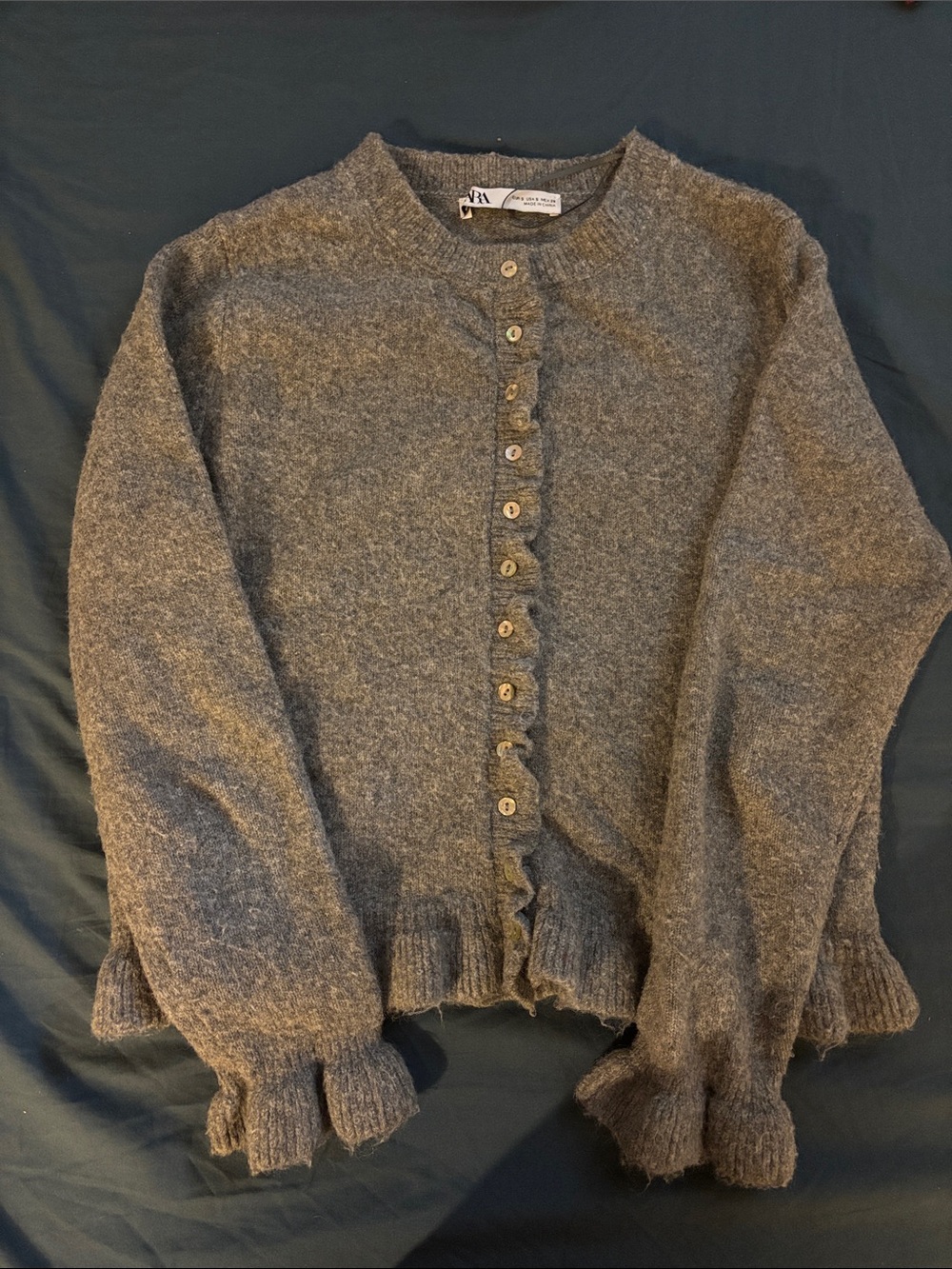 Zara Gray Ruffle-Trim Button Cardigan
